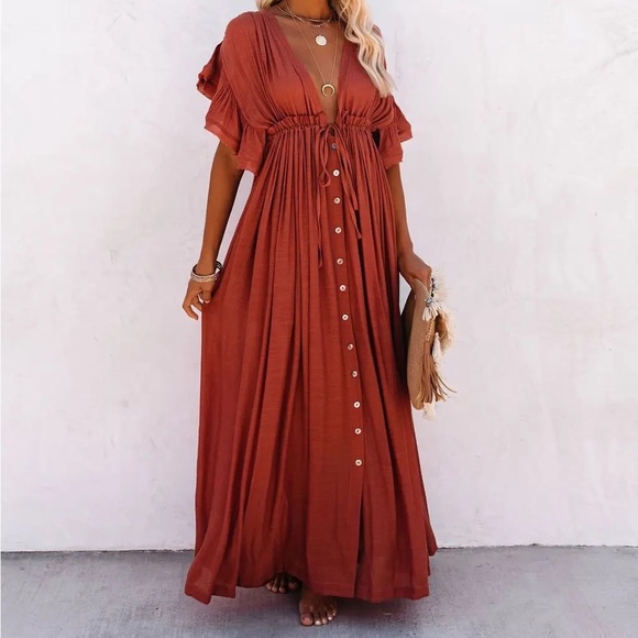 Gorgeous Rust Bohemian Button Down Vacation Flowy Ruffled Resort Maxi Dress - Picture 3 of 5